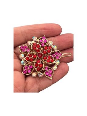 Gold-Tone Floral Hair Clip with Red & Pink Crystals FINAL PRICE DROP